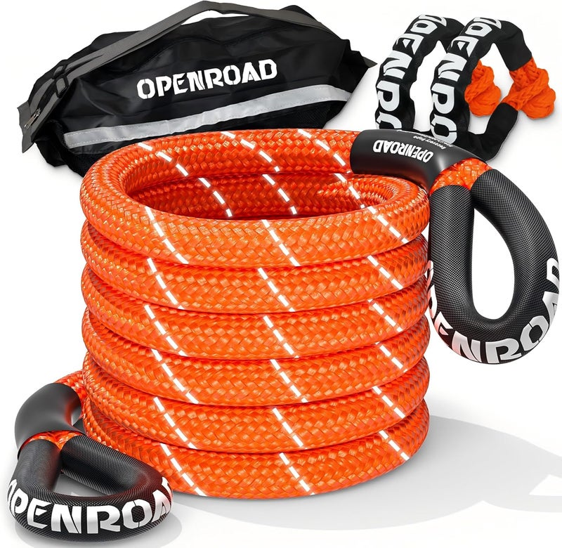 OPENROAD Kinetic Recovery Tow Rope, 36000 Lbs (1in x 30ft Orange with Soft Shackle) Extreme Duty 35% Elasticity Energy Offroad Snatch Strap, Vehicle Recovery Kit for Jeep Car Truck ATV UTV SUV - Image 1